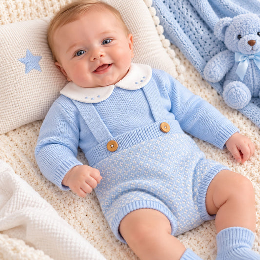 Baby Boys Blue Knitted Jumper & Jam Pants with Braces Set