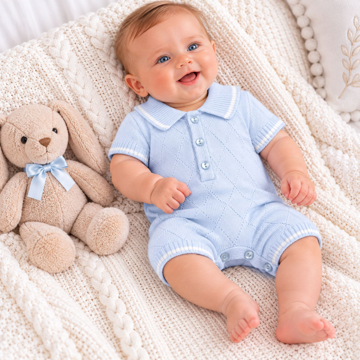 A smiling baby wearing a light blue short-sleeve knit romper lies on a cream cable-knit blanket next to a beige stuffed bunny with a light blue bow.
