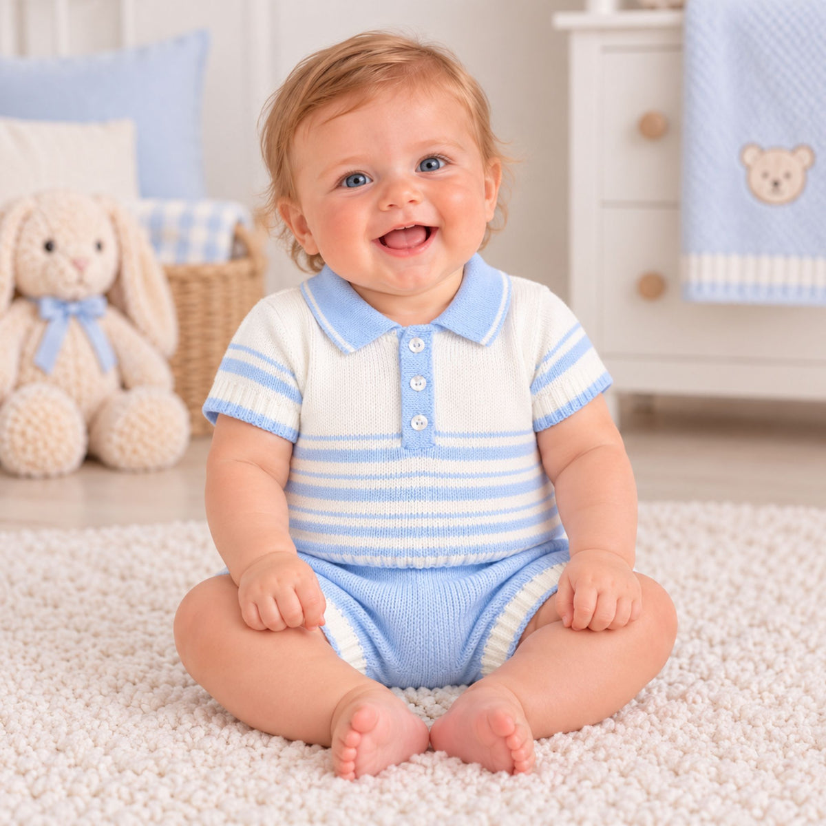 A smiling baby sitting on a white textured rug in a nursery, wearing a light blue and white striped short-sleeve knit romper with a blue collar.