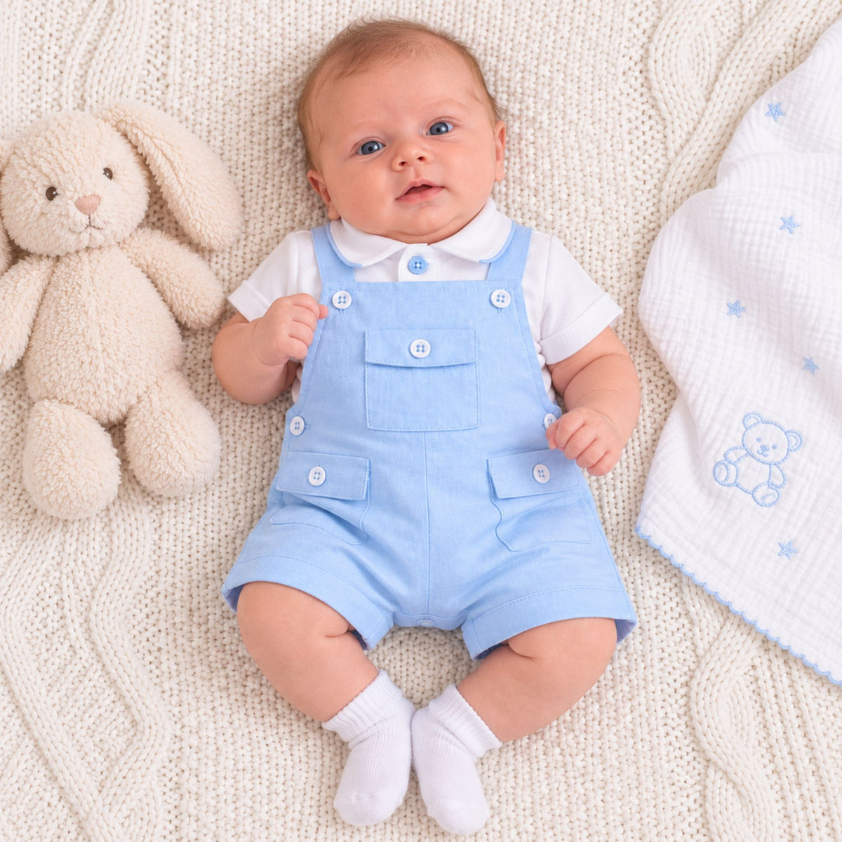 A baby lying on a cream cable-knit blanket, wearing light blue denim-style overalls over a white short-sleeve shirt and white socks. A beige stuffed bunny is on the left, and a white muslin blanket with blue star and teddy bear prints is on the right.