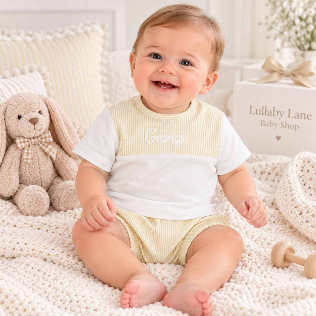 A smiling baby sitting on a cream knit blanket, wearing a short-sleeve t-shirt and matching shorts in a soft yellow and white color-blocked design with the name 'George' embroidered on the chest. The background features a plush bunny toy, a knitted basket, and a gift box reading 'Lullaby Lane Baby Shop'.