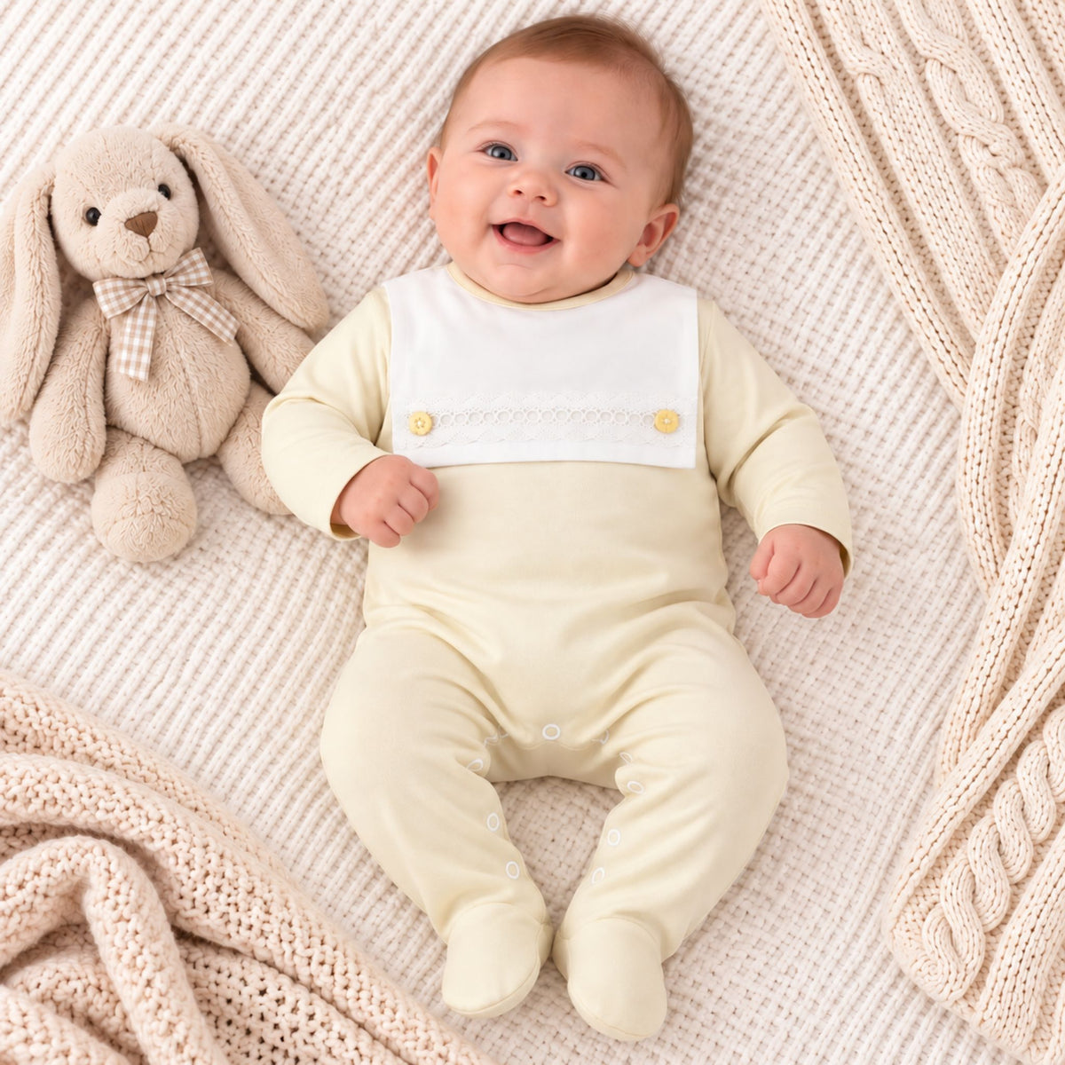 A smiling baby lying on a cream knit blanket next to a plush bunny, wearing a pale yellow footed sleeper with a white bib panel personalized with the name 'Richard' in gold embroidery.