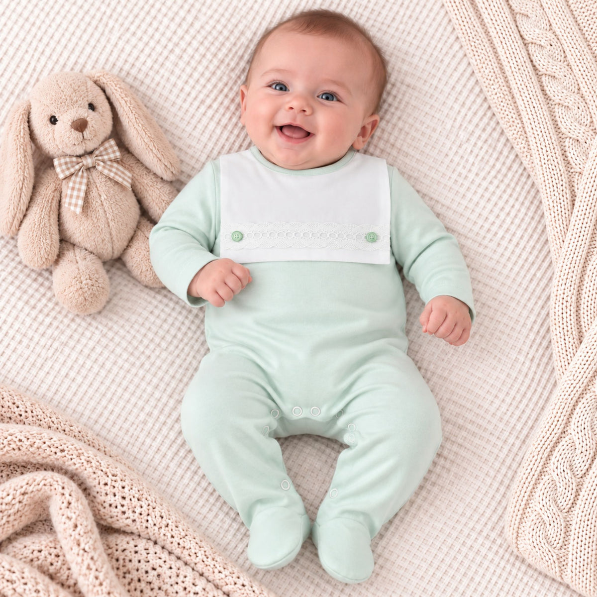 A smiling baby lying on a textured cream blanket, wearing a pale mint green footed sleeper with a white bib panel. A beige bunny plush toy sits to the baby's left, with soft knit blankets framing the scene.