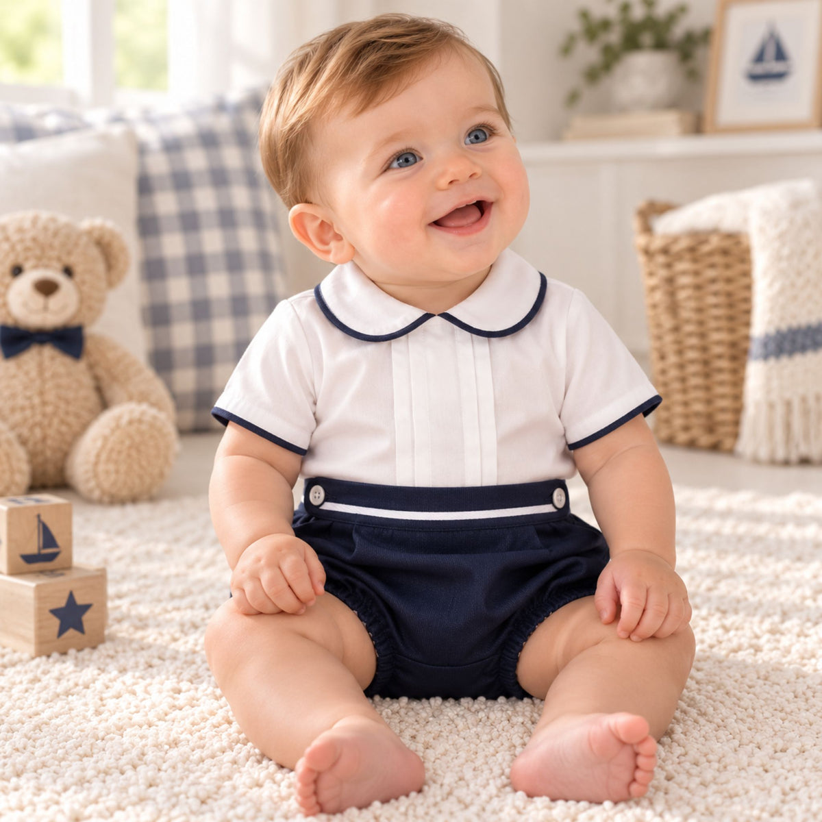 baby boy smart outfit, navy shorts and white shirt