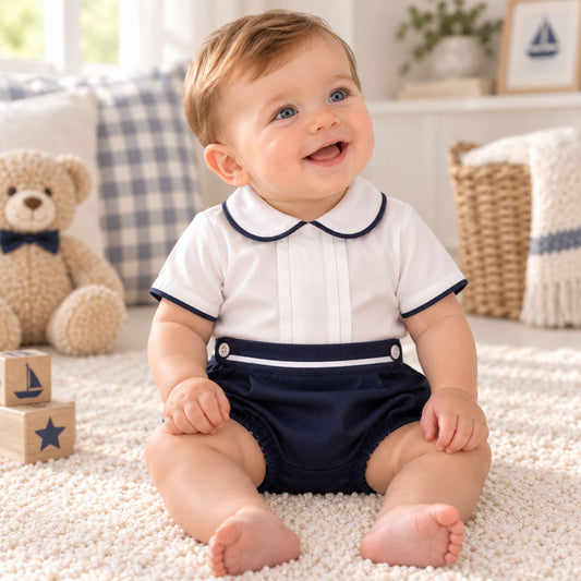 baby boy smart outfit, navy shorts and white shirt