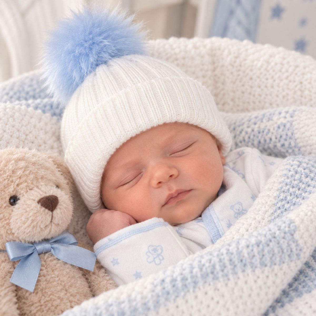 A sleeping newborn baby wearing a white knit beanie with a fluffy light blue pom-pom, nestled in a white and light blue blanket next to a beige teddy bear with a blue bow.
