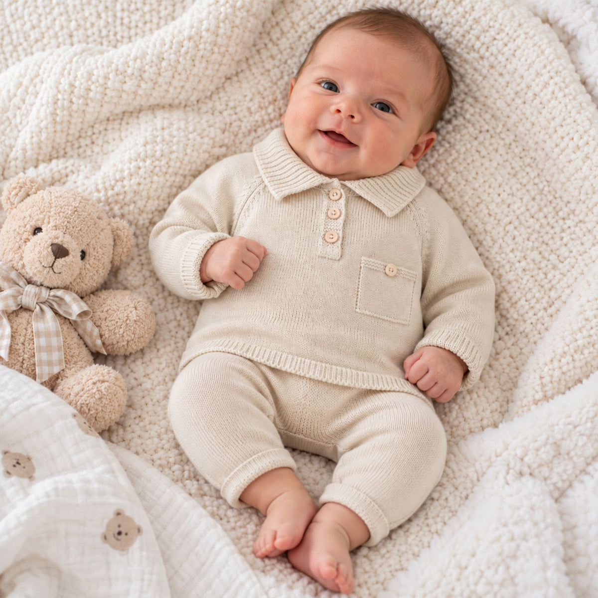 newborn baby boy beige two piece knitted outfit