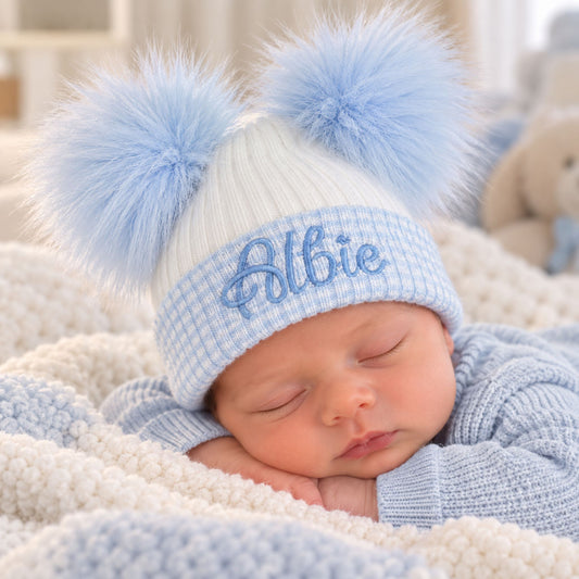 Personalised White & Blue Double Pom Newborn Baby Hat