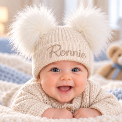 Personalised Baby Pom Hat - Double Pom - Beige