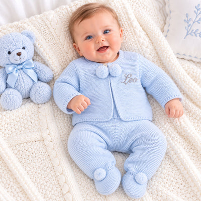 Personalised Dandelion Baby Blue Knitted Two Piece Outfit