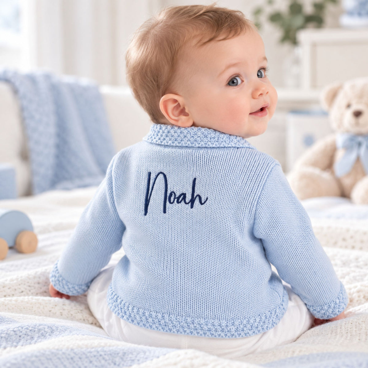 baby boy blue personalised cardigan
