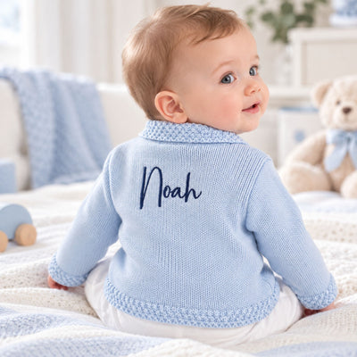 Personalised Blue Knitted Baby Cardigan – Dandelion Portugal