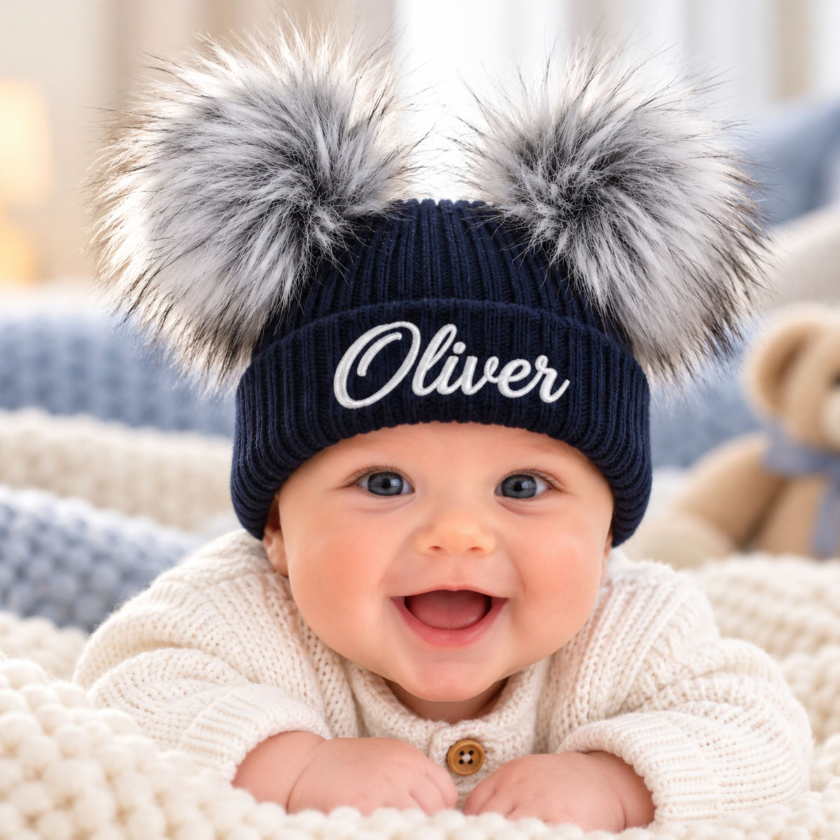 Personalised Baby Hat - Navy Blue Double Pom