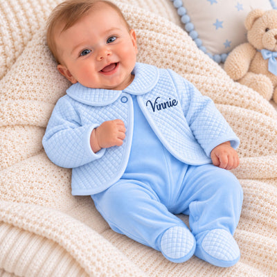Personalised Baby Boys Blue Sleepsuit & Blue Quilted Jacket 2 Piece Outfit