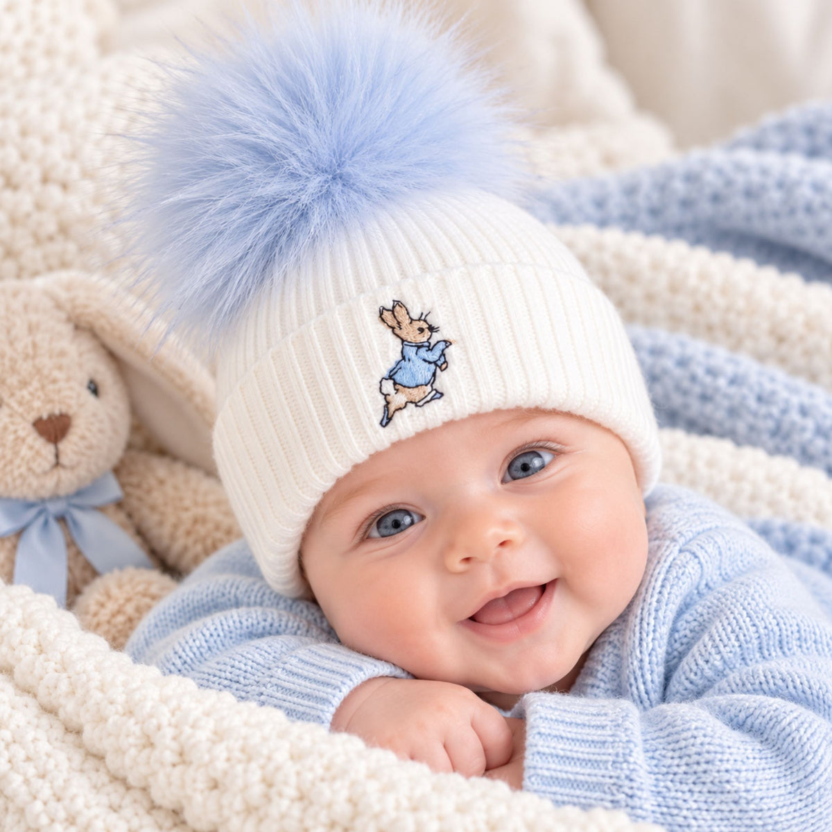 A baby wearing a cream ribbed knit pom-pom beanie with a small embroidered bunny character on the front, lying on a cream and light blue knit blanket next to a stuffed bunny.