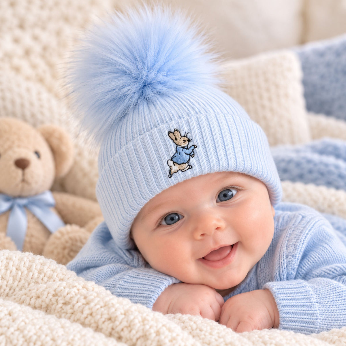 baby boy  pom hat with rabbit