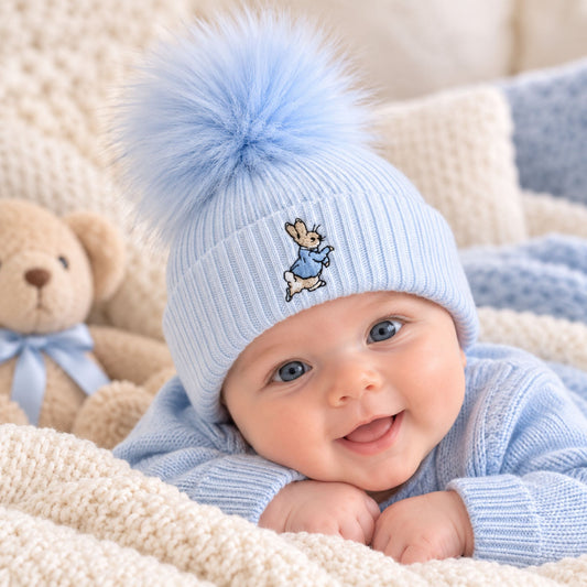 baby boy  pom hat with rabbit