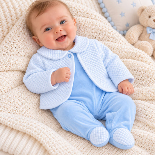 Baby Boys Blue Babygrow & Quilted Jacket 2 Piece Set – Made in Portugal