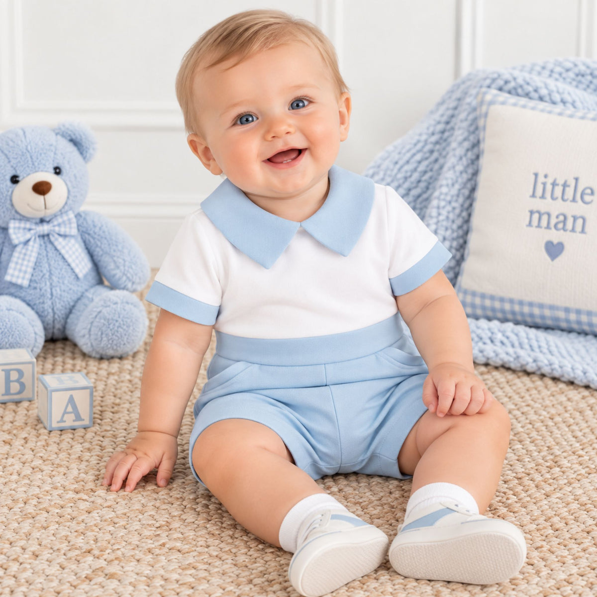 Baby Boys White and Blue Tailored Shorts Set with Collar