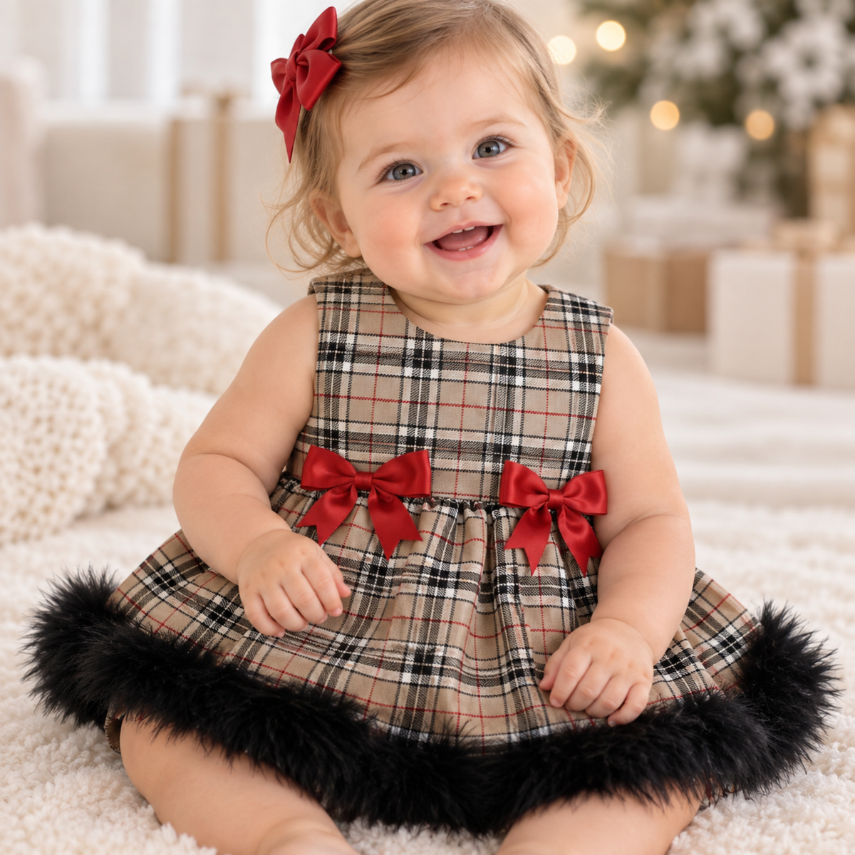 Baby Girls Beige Tartan Dress with Maribou Feather Trim