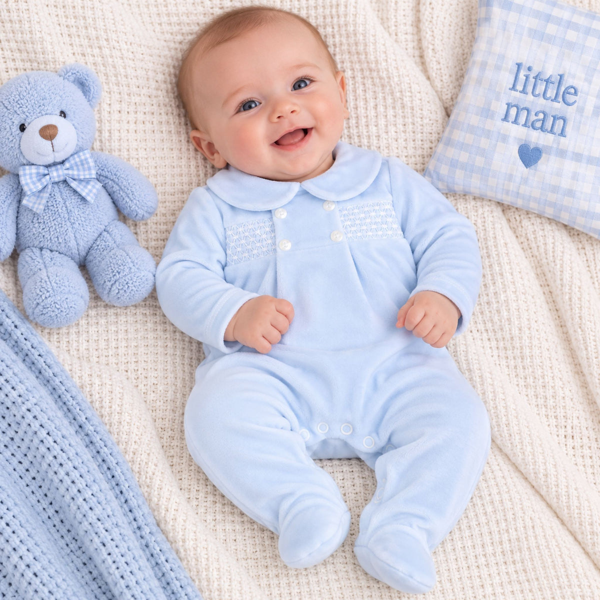 A baby lying on a cream textured blanket, wearing a light blue footed onesie. A blue teddy bear is on the left, and a blue and white checkered pillow with the text 'little man' is on the right.