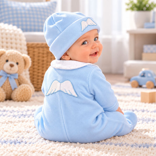 Baby Angel Wings Velour Sleepsuit with Hat - Blue