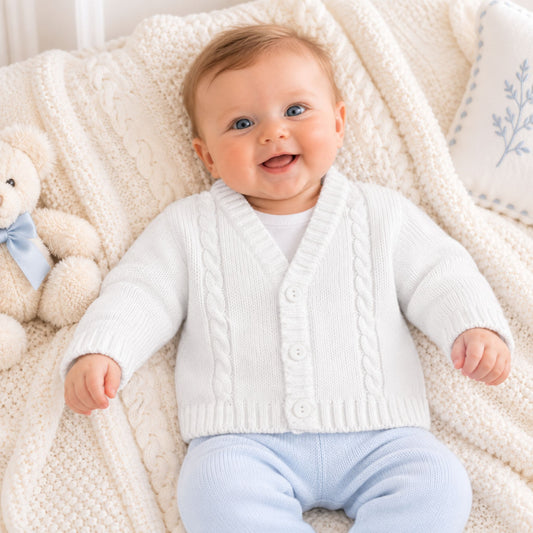 baby boy whte cardigan with cable knit and v neck