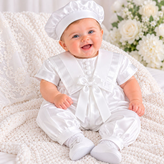 A baby wearing a shiny white satin first christening outfit with a matching white satin hat, sitting on a white knit blanket with white flowers in the background.