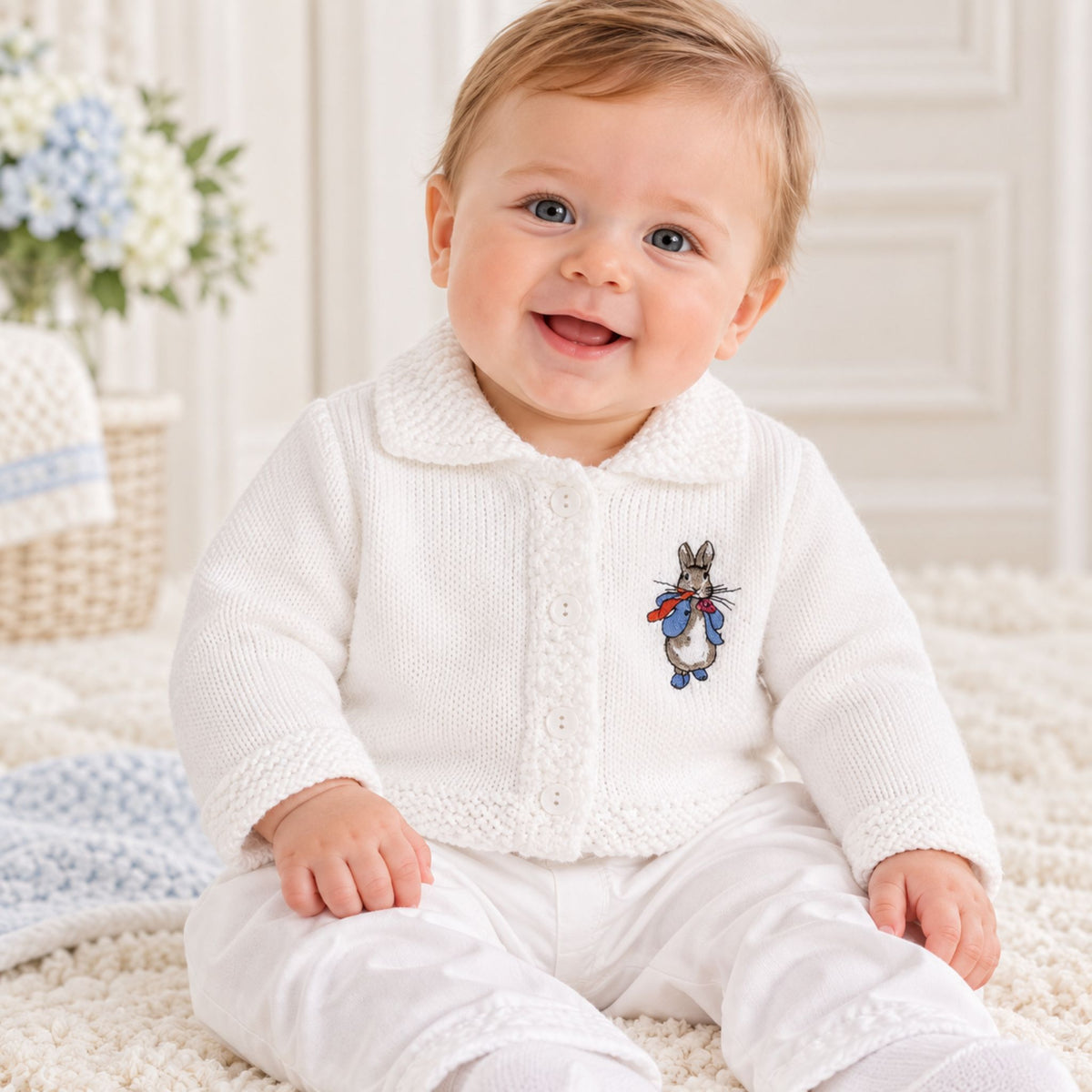 A smiling baby sitting on a cream rug wearing a white knit cardigan with a Rabbit embroidered motif on the chest, paired with white pants.
