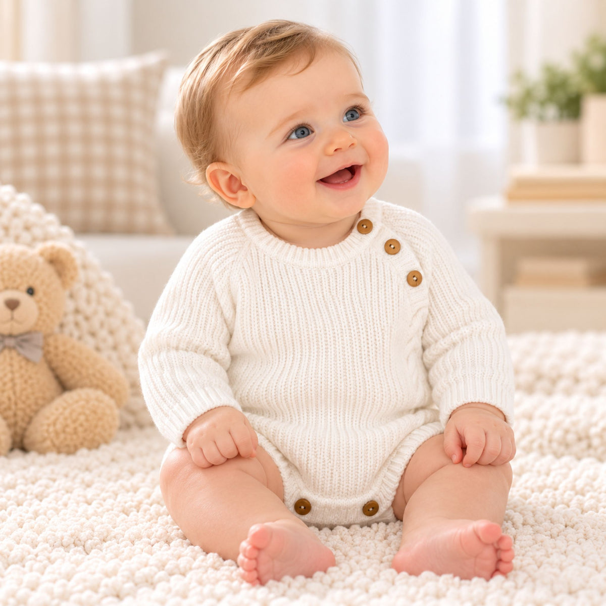 A smiling baby sitting on a white textured rug wearing a cream ribbed knit bodysuit with brown buttons, in a bright nursery setting with a teddy bear and pillows in the background.
