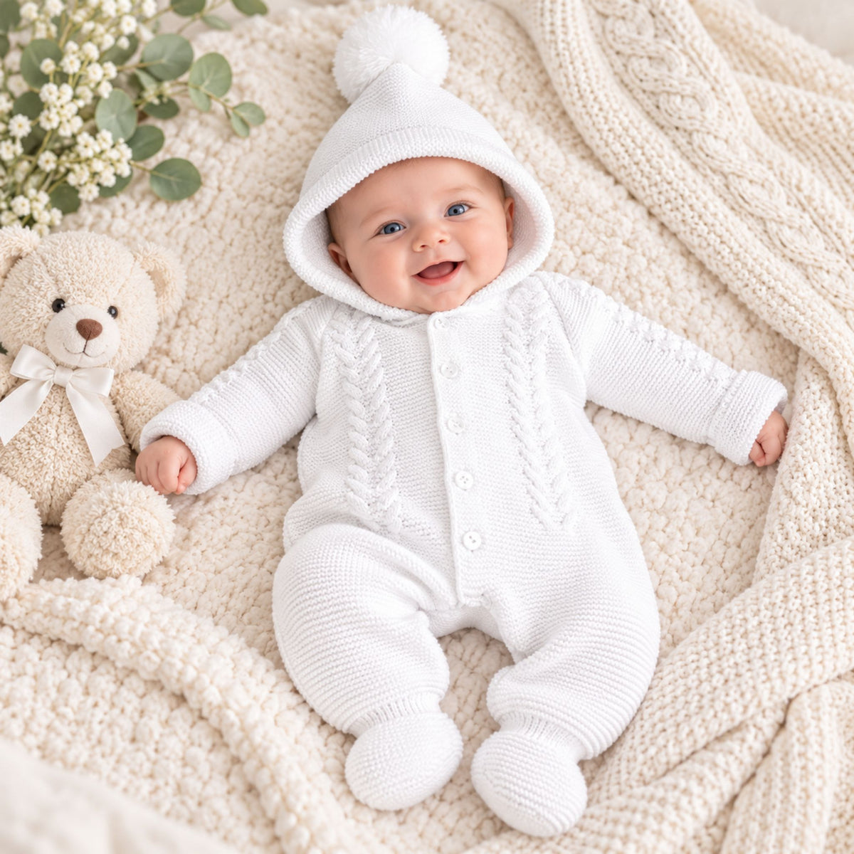 dandelion white knitted baby pram suit with hood