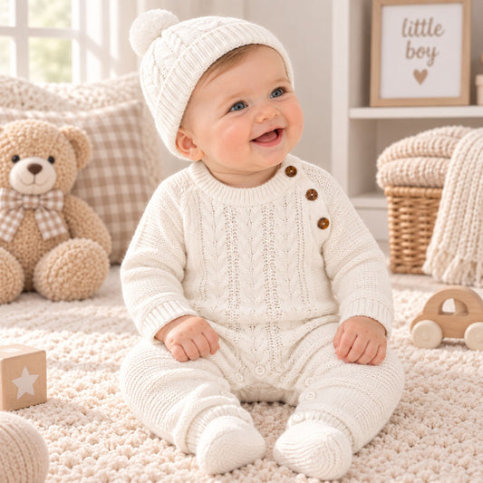 A smiling baby wearing a cream-colored cable-knit one-piece jumpsuit and matching knit hat with a pom-pom, sitting on a textured cream rug in a cozy nursery setting with a teddy bear and toys.