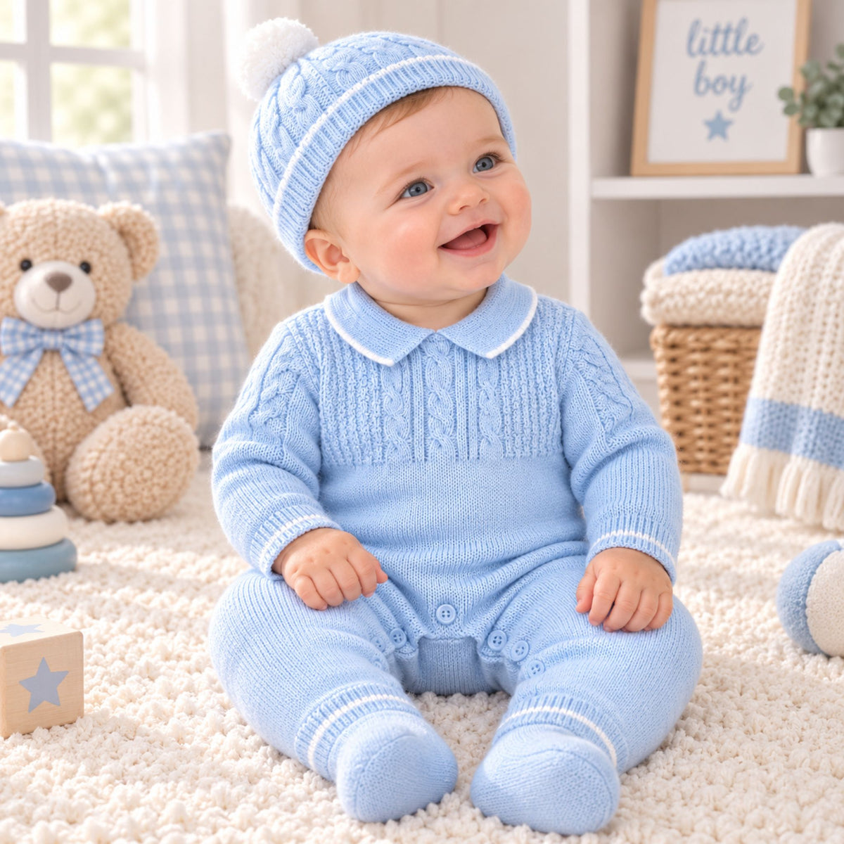 A baby wearing a light blue cable-knit one-piece romper and matching knit hat with white stripes and a pom-pom, sitting on a cream carpet in a cozy nursery setting.