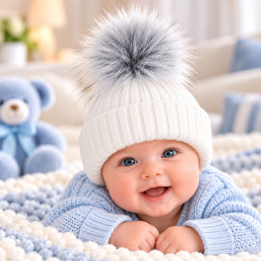 Baby Knitted Pom Pom Hat with Grey Faux Fur Pom