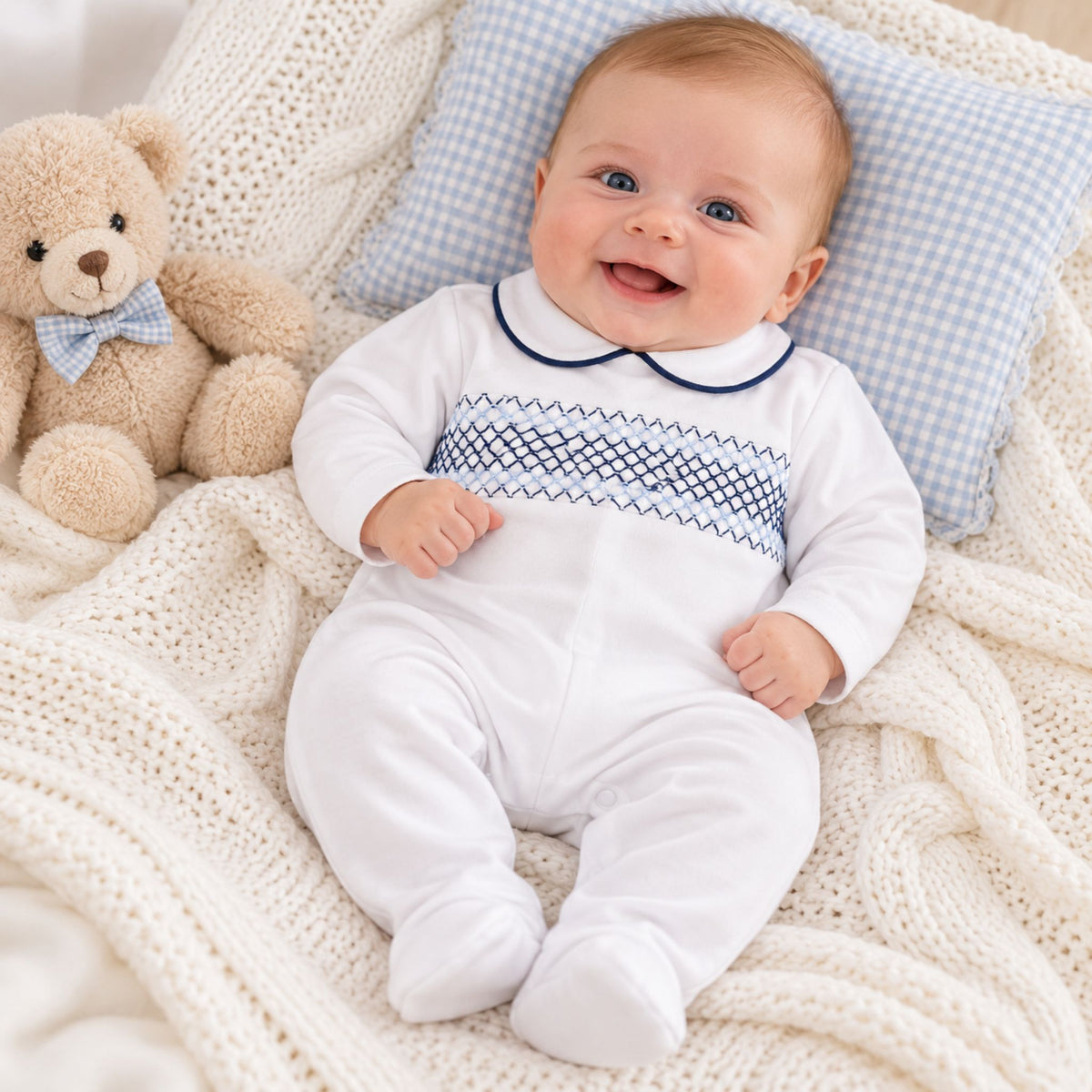 baby boy sleepsuit with smocking
