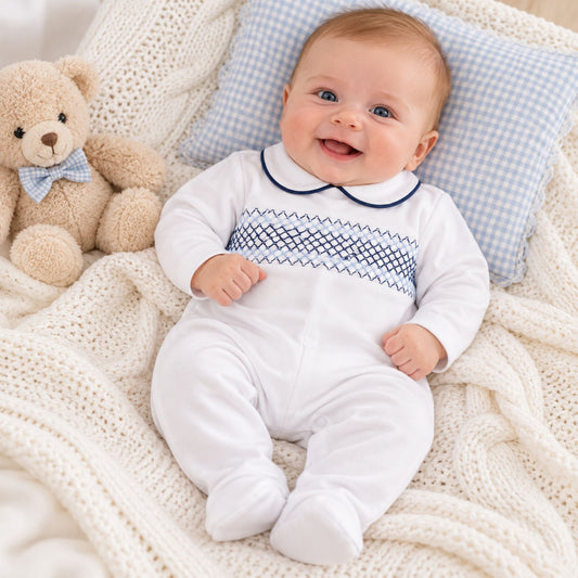 baby boy sleepsuit with smocking