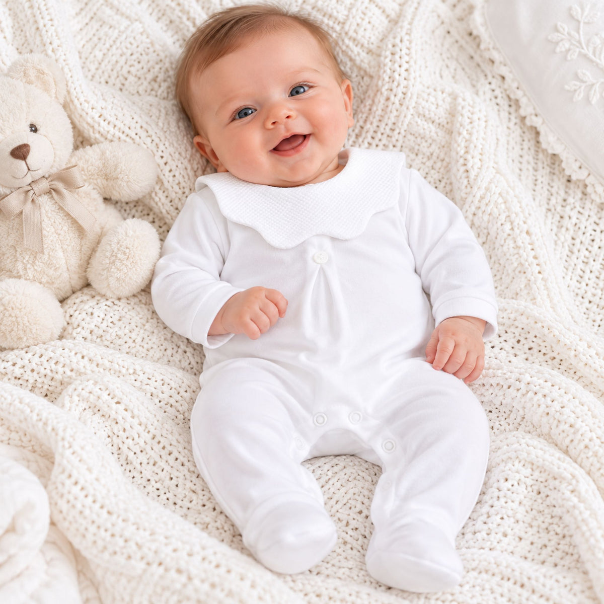 baby sleepsuit white with scallop collar