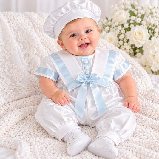 baby boy white with blue christening romper and hat
