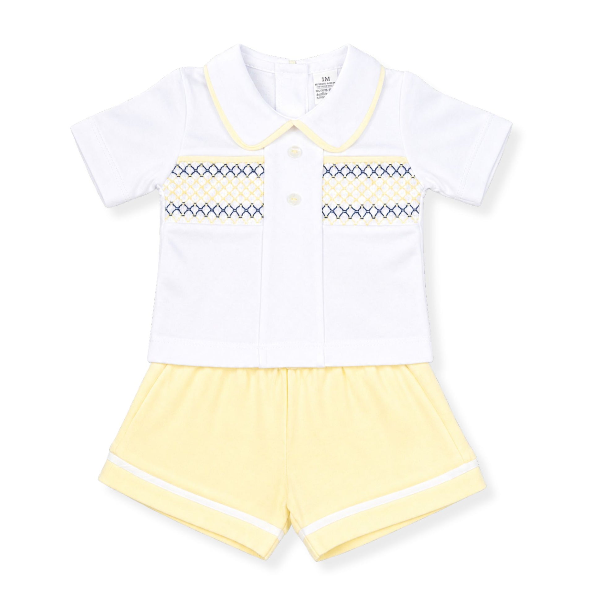 Children's outfit with white shirt and yellow shorts on a white background