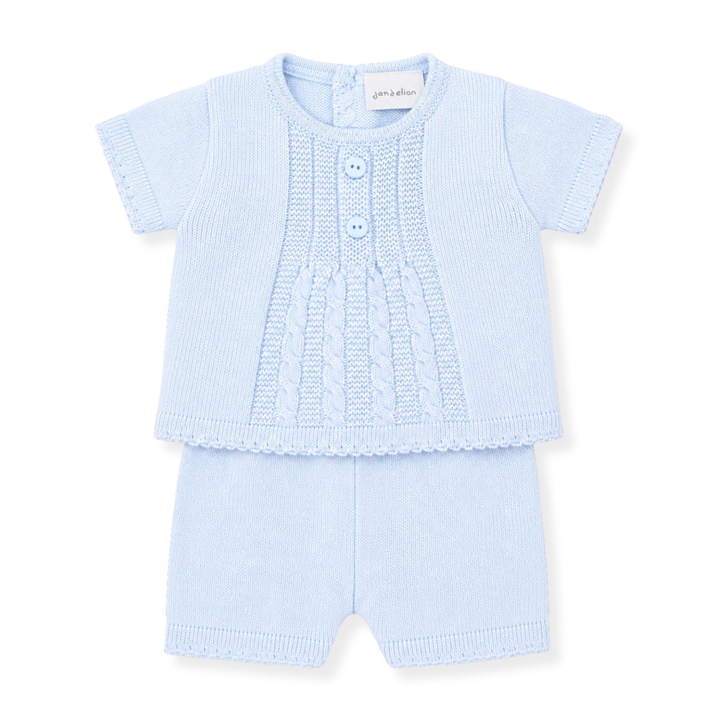 dandelion blue baby two piece shorts and shirt knitted set