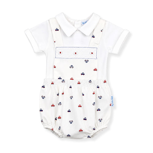Baby romper with car pattern on a white background