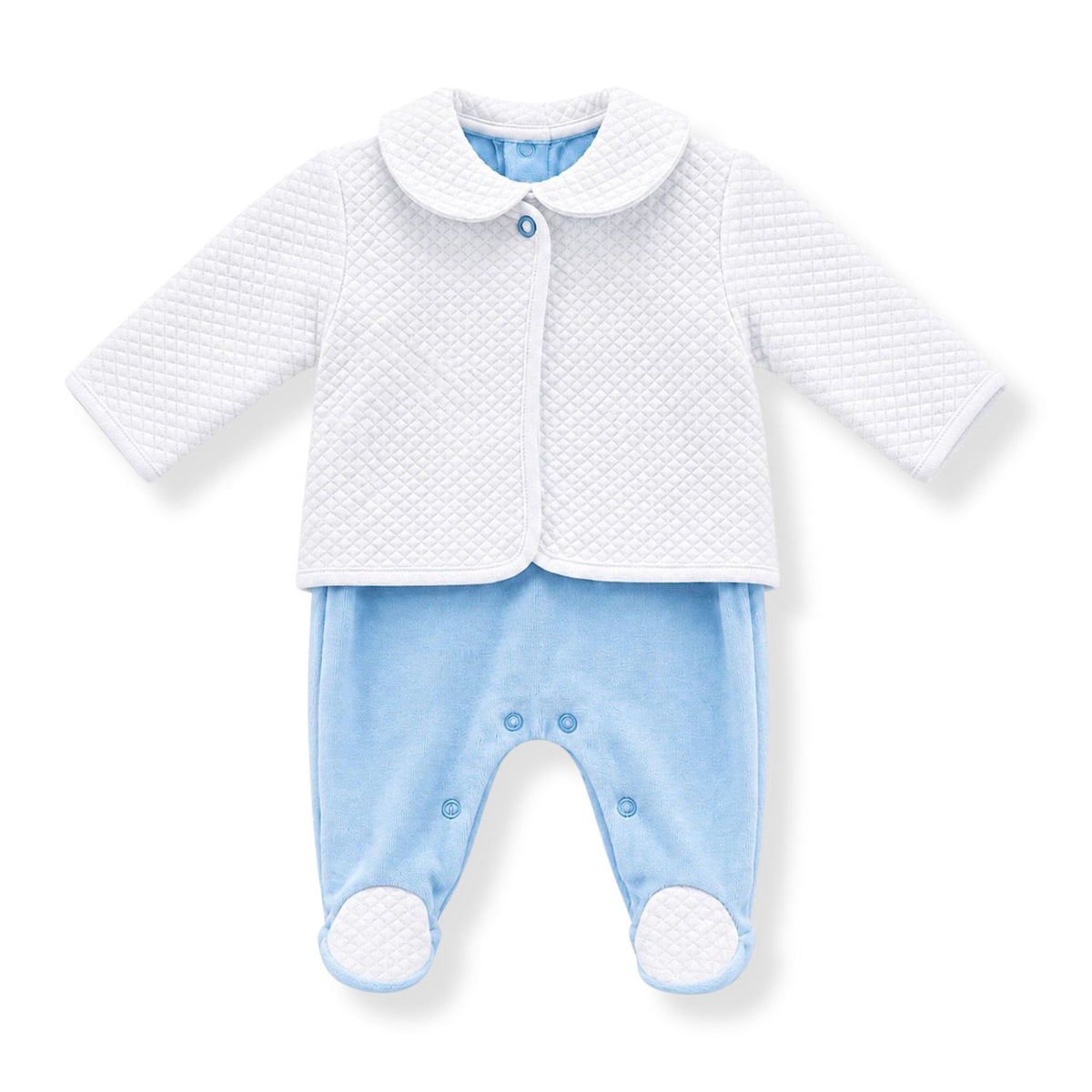 Baby boys blue velour babygrow with white quilted collar feet and white jacket