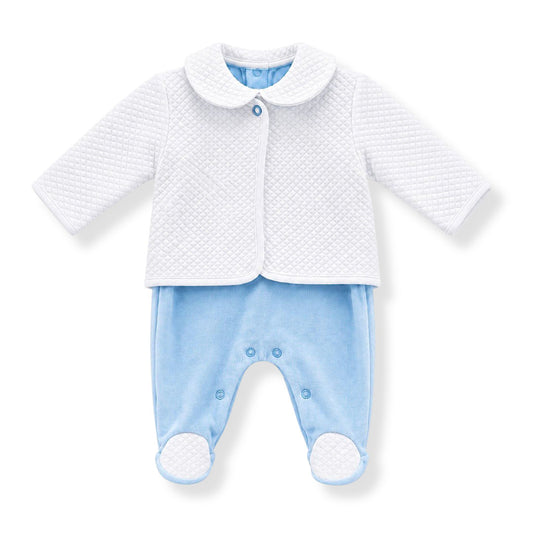 Baby boys blue velour babygrow with white quilted collar feet and white jacket