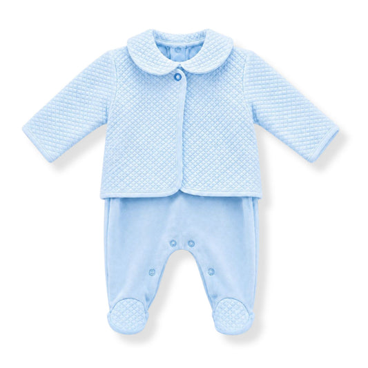 Baby boys blue babygrow and quilted jacket two piece outfit made in Portugal