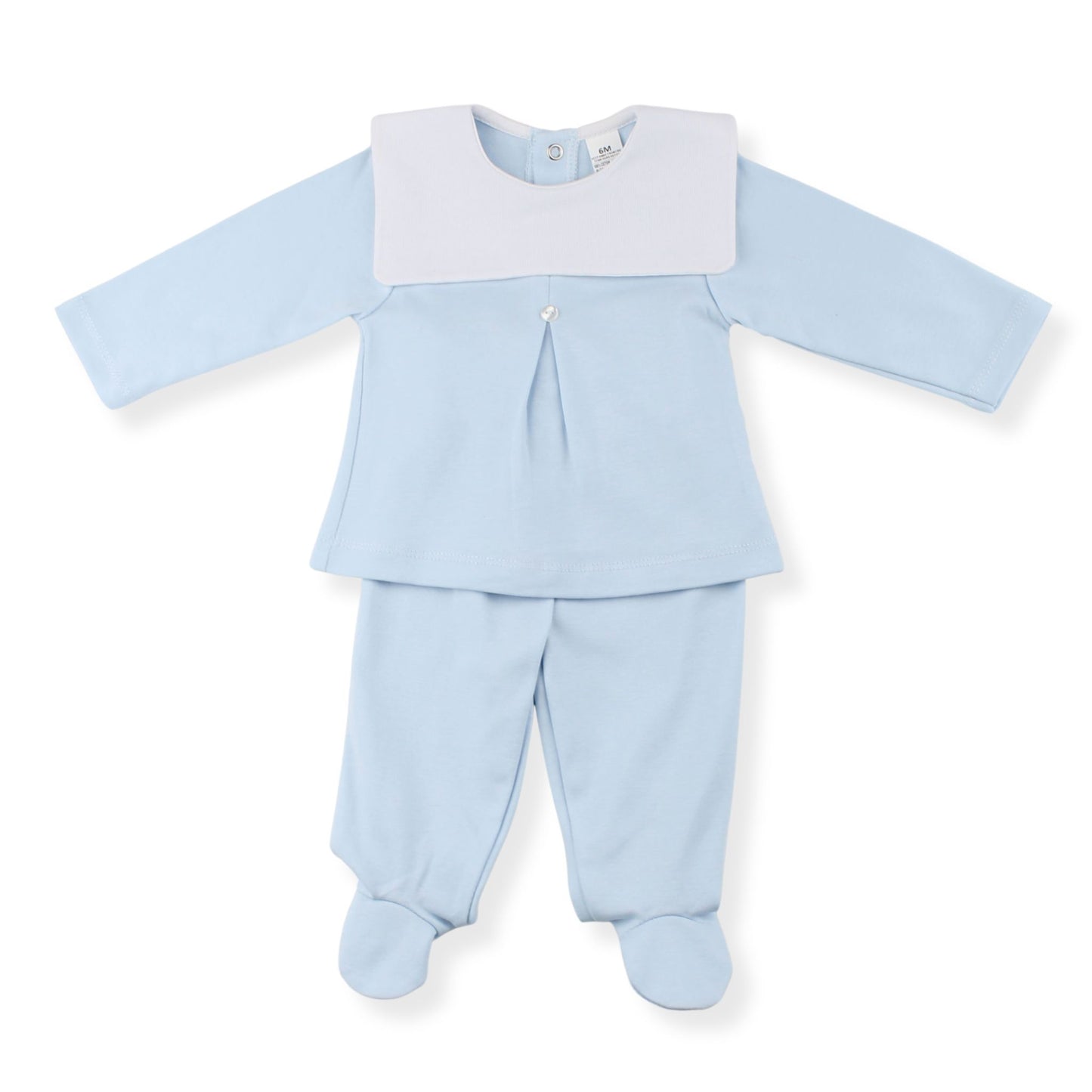 Light blue baby outfit with a top and pants on a white background