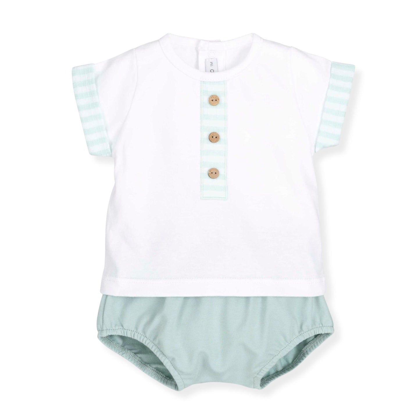 Baby romper with white top and light green bottom on a white background