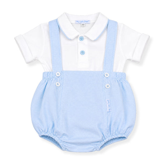 Baby romper with light blue overalls and white shirt on a white background