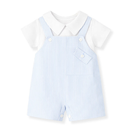 baby boys  piece summer outfit with white shirt and blue dungarees
