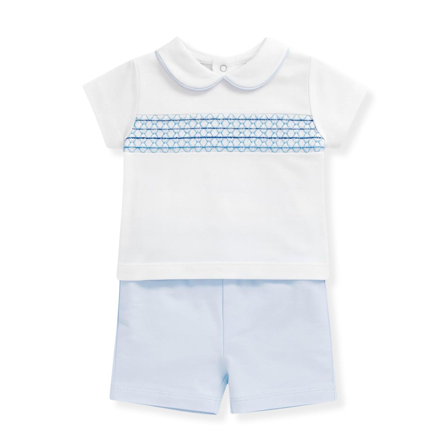Baby outfit with white shirt and light blue shorts on a white background