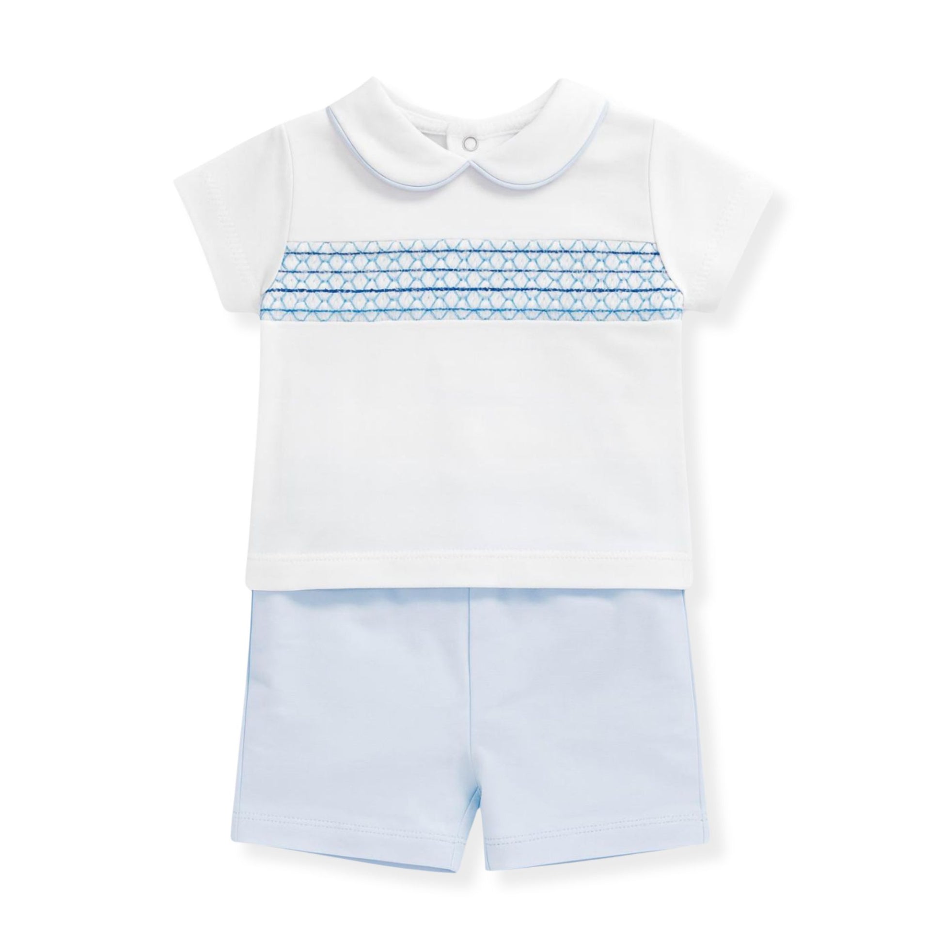 Baby outfit with white shirt and light blue shorts on a white background